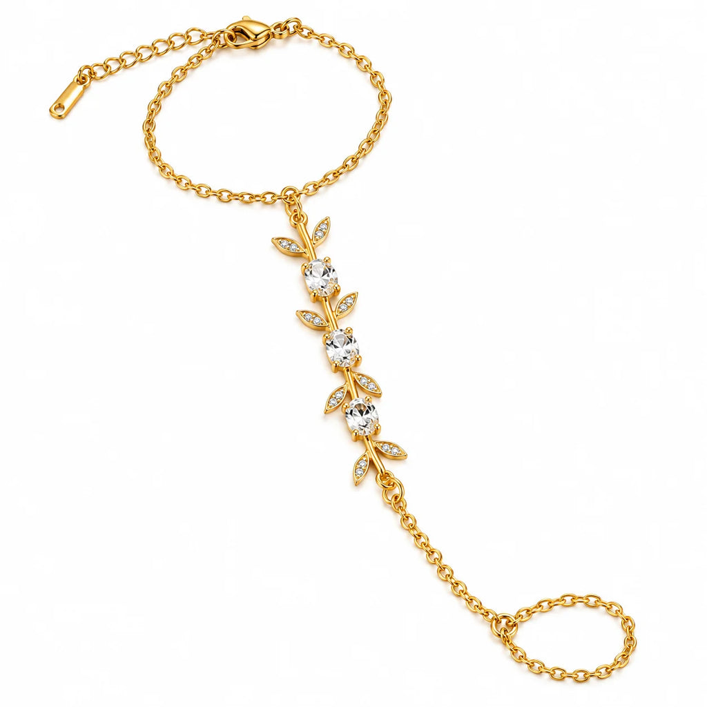 Elegant Gold Crystal Leaf Hand Chain Bracelet
