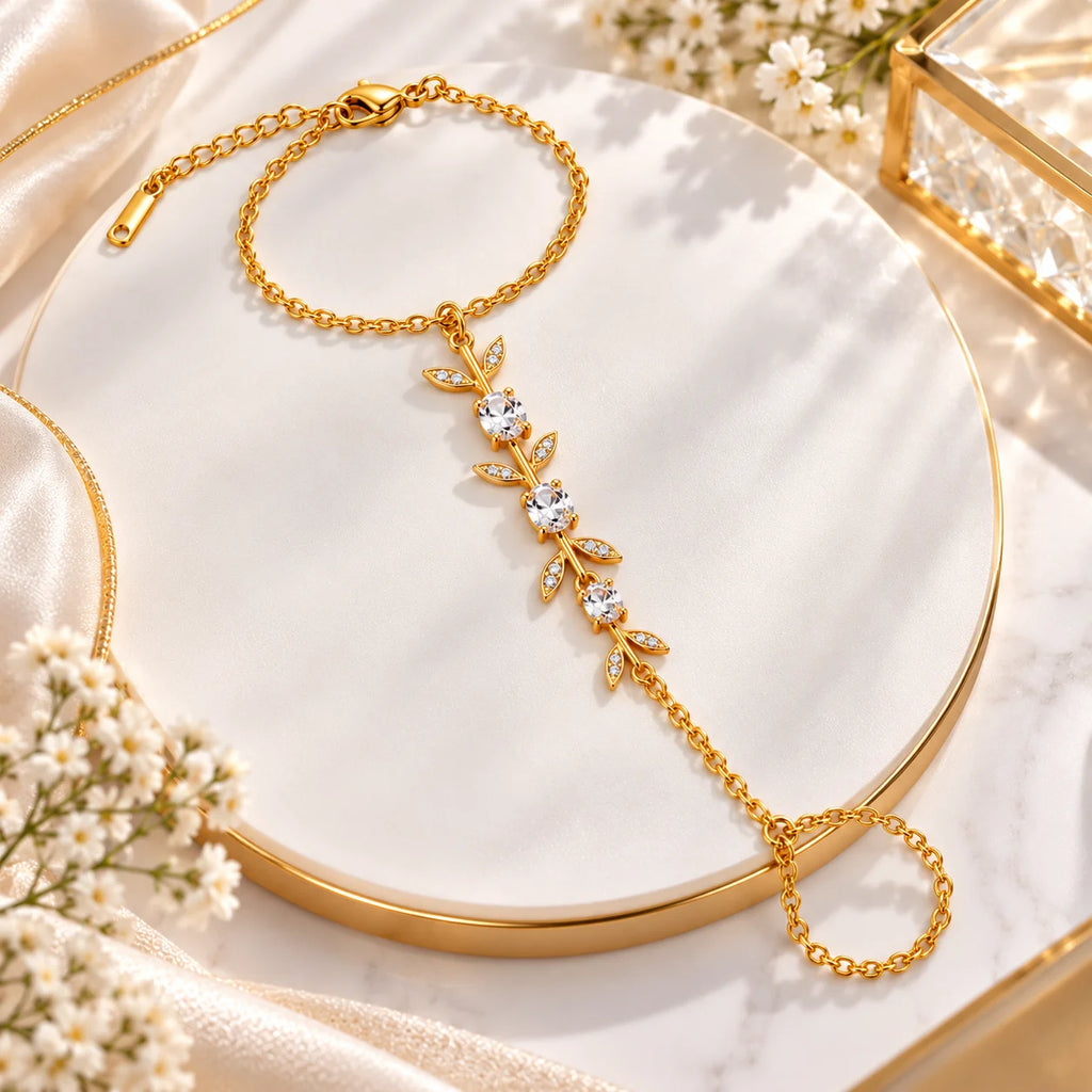 Elegant Gold Crystal Leaf Hand Chain Bracelet