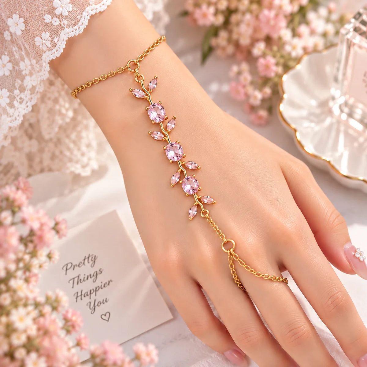 Elegant Gold Pink Crystal Leaf Hand Chain Bracelet