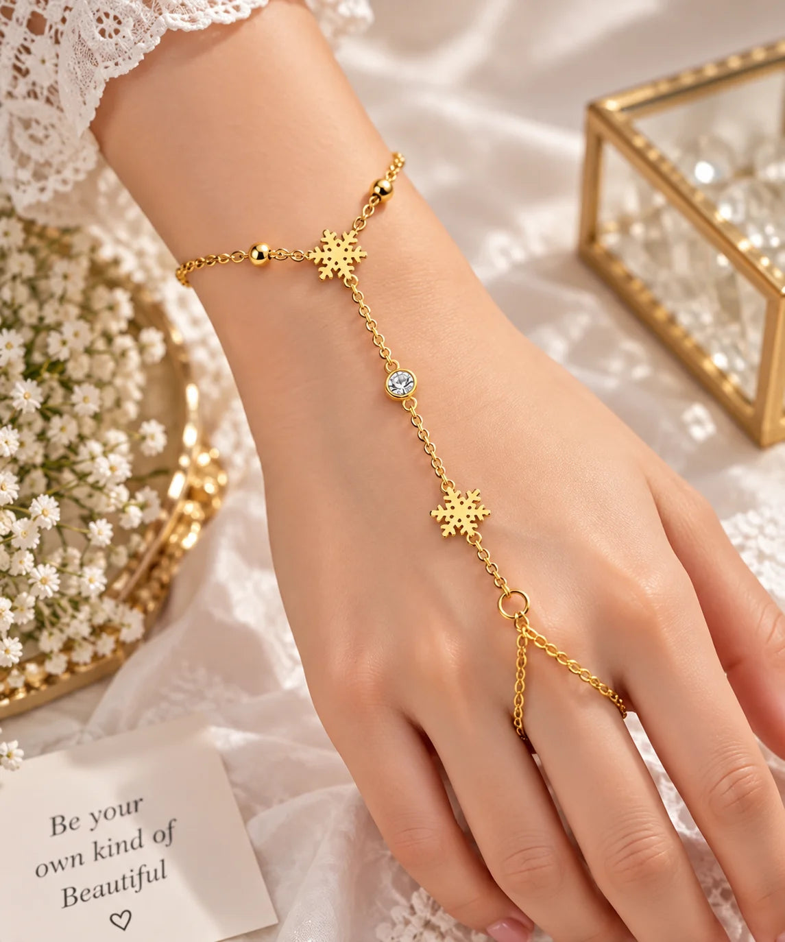 Elegant Gold Snowflake Crystal Hand Chain Bracelet