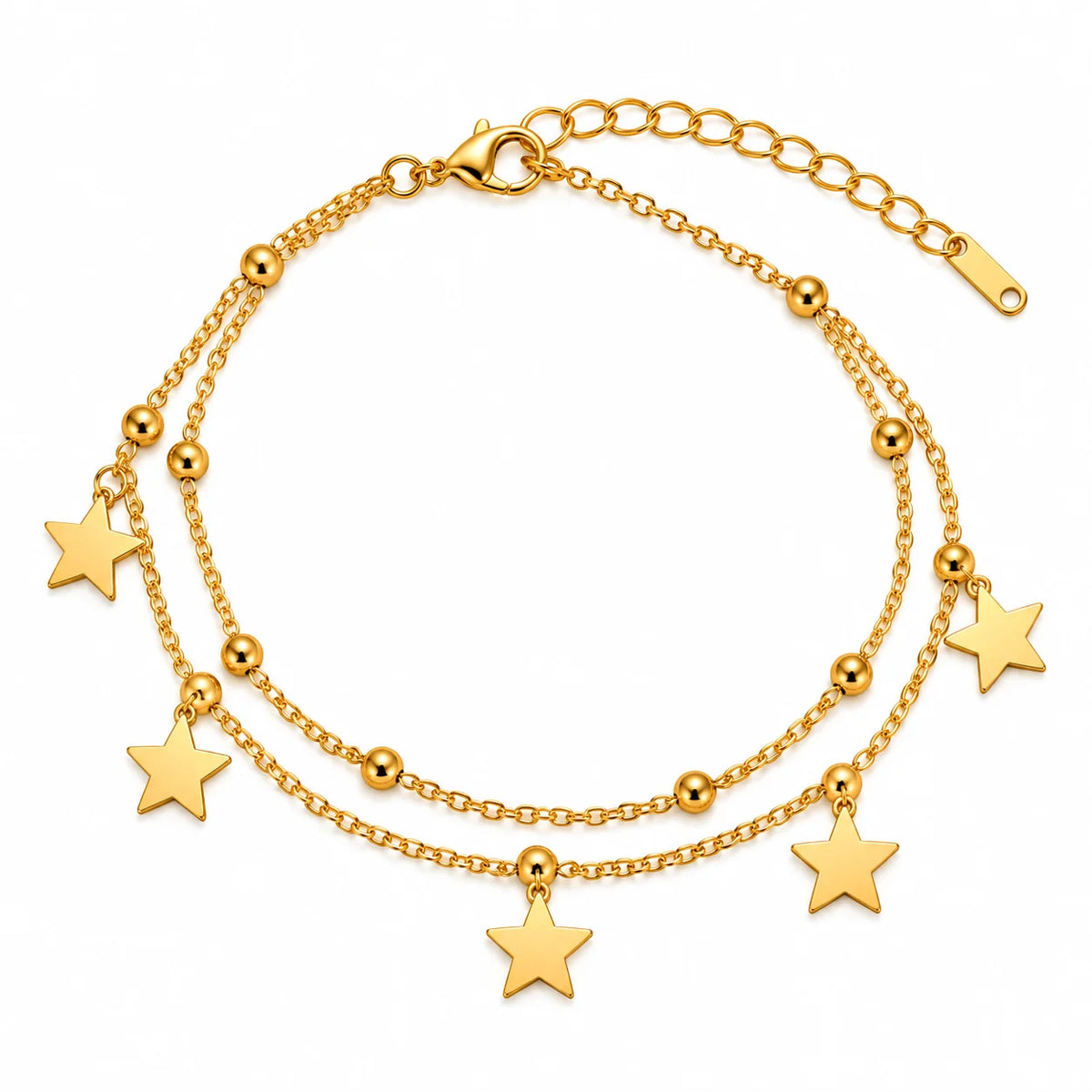 A gold double-layered anklet featuring star and bead charms, displayed on a clean white background.