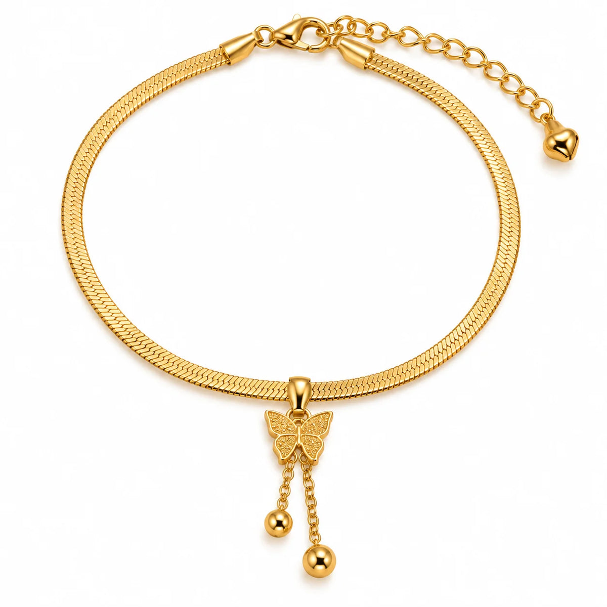A gold snake chain bracelet with a butterfly charm and dangling bead accents, shown on a clean white background.