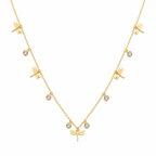 A delicate gold necklace featuring multiple dragonfly charms and small round bezel-set clear stones, displayed on a clean white background.