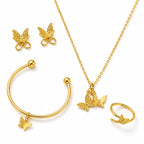 Golden butterfly necklace earrings open cuff bracelet and adjustable ring set