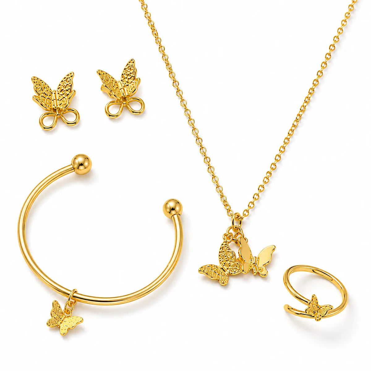 Golden butterfly necklace earrings open cuff bracelet and adjustable ring set