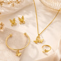 Golden butterfly wings 4-piece jewelry set with necklace earrings bracelet and ring