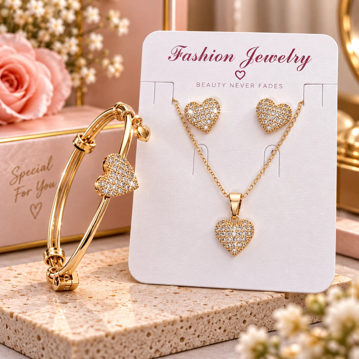 Elegant Heart Crystal Jewelry Set for Women | Necklace, Earrings & Bracelet