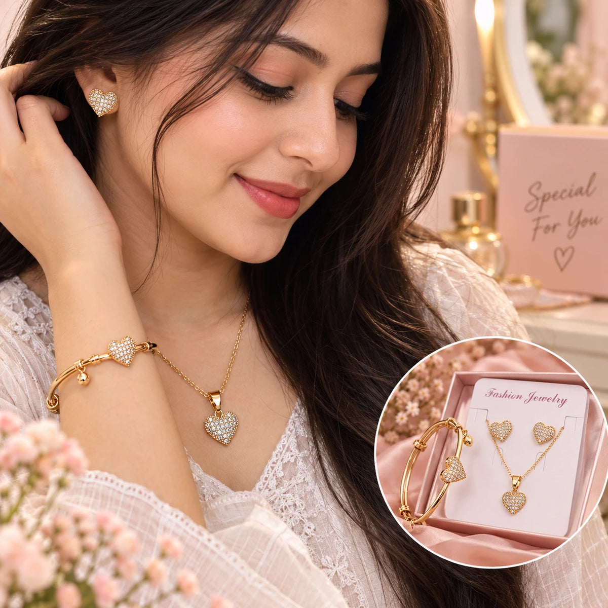 Elegant Heart Crystal Jewelry Set for Women | Necklace, Earrings & Bracelet