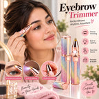 A woman applies eyebrow makeup while a handheld eyebrow trimmer is shown beside her, with product close-ups and feature icons on a bright, styled background. The trimmer has a holographic pastel finish with rose-gold-toned metal accents.