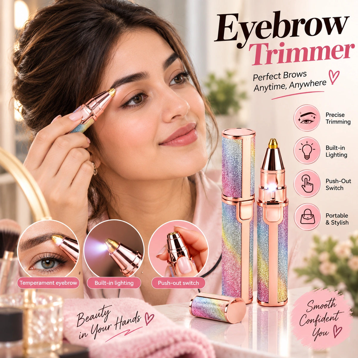 A woman applies eyebrow makeup while a handheld eyebrow trimmer is shown beside her, with product close-ups and feature icons on a bright, styled background. The trimmer has a holographic pastel finish with rose-gold-toned metal accents.