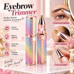 An eyebrow trimmer shown in two views on a pink promotional background, with text and circular inset photos demonstrating use on the forehead, built-in lighting, and the push-out switch. The product has a glittery pastel rainbow finish with rose gold metal accents.