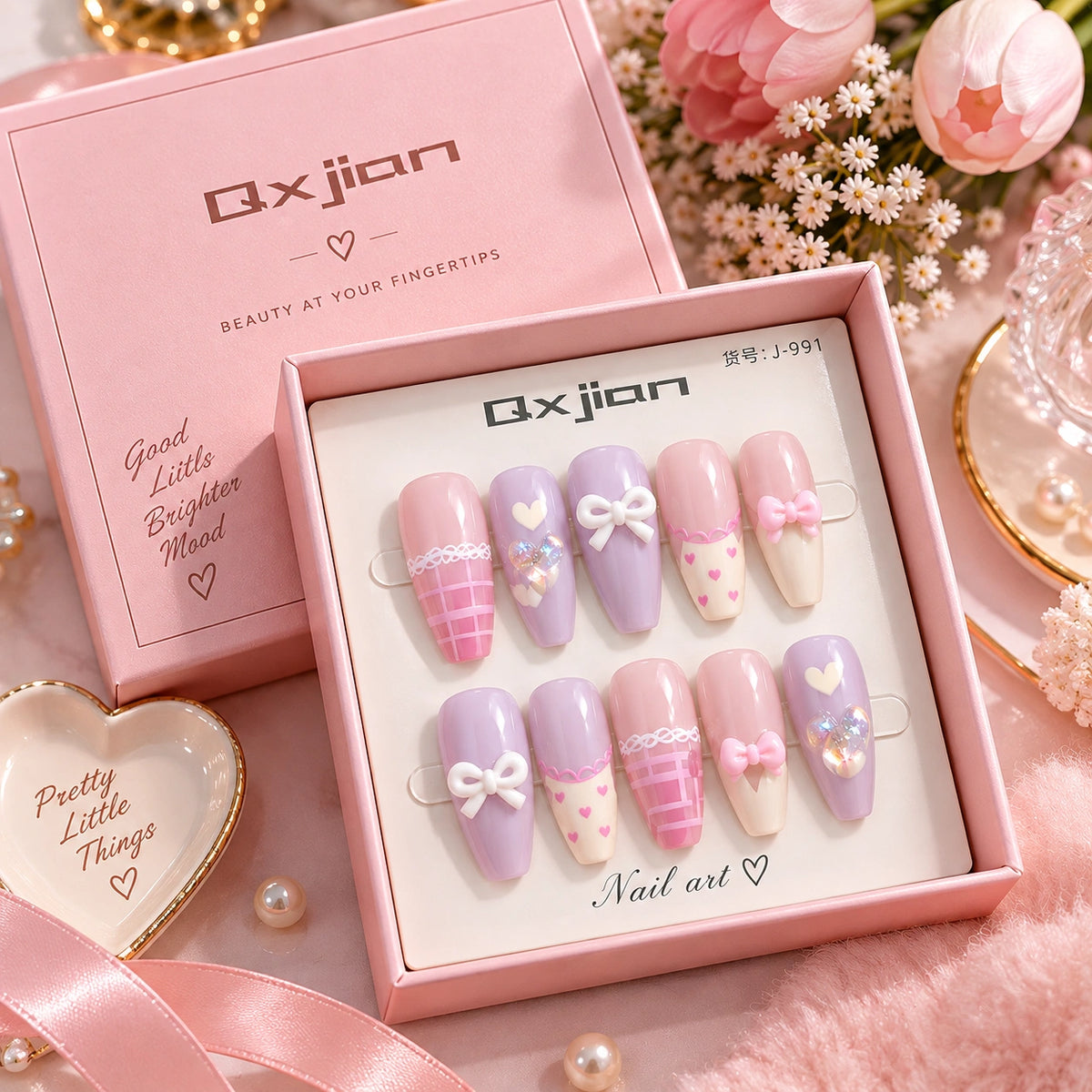 Premium Pink & Lavender Bow Press-On Nails | Cute False Nail Set