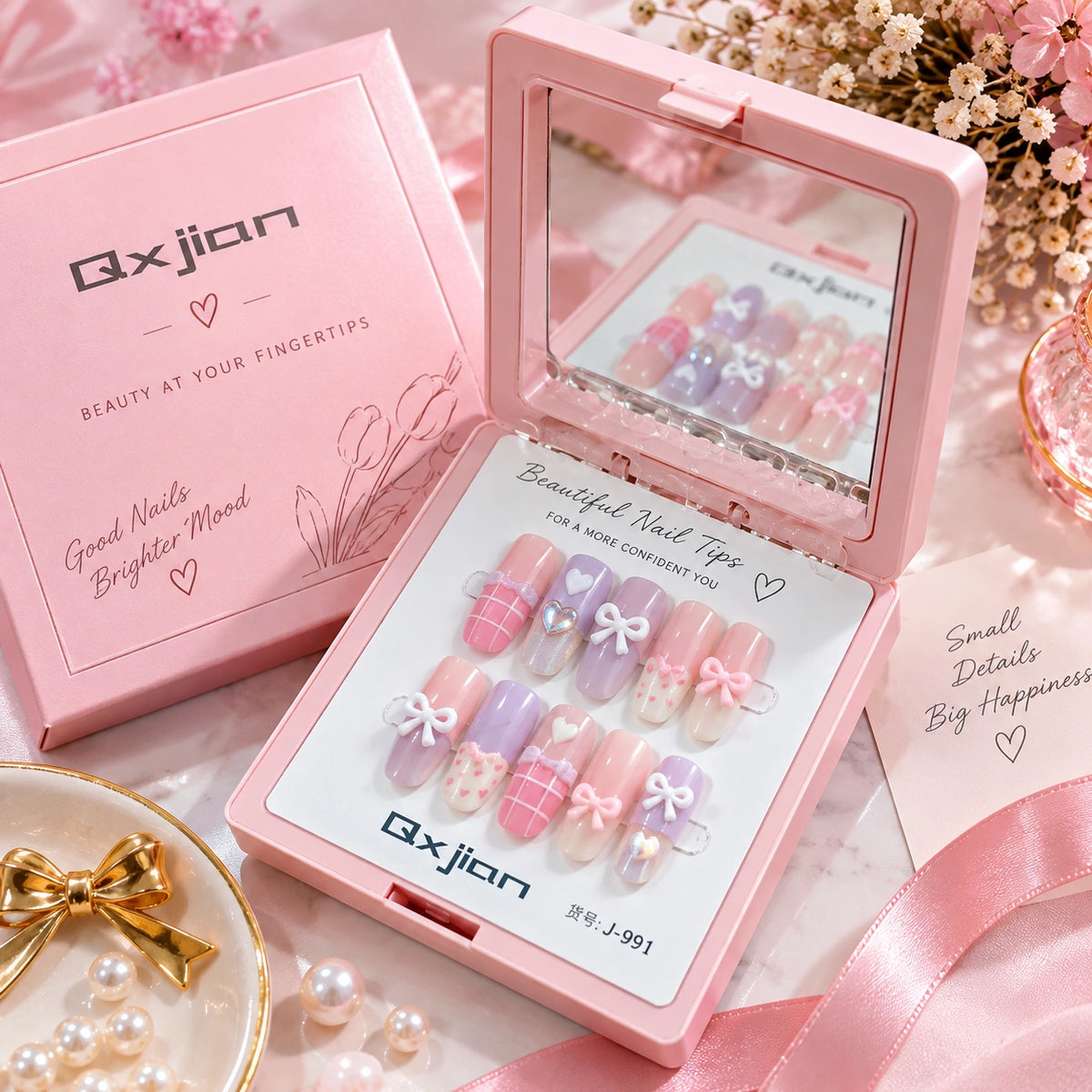 Premium Pink & Lavender Bow Press-On Nails | Cute False Nail Set