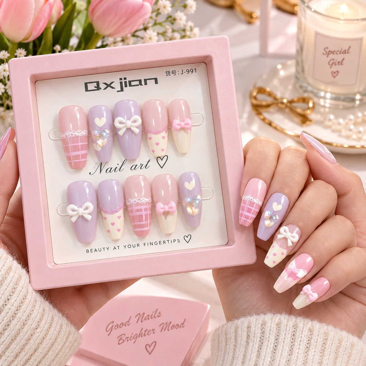 Premium Pink & Lavender Bow Press-On Nails | Cute False Nail Set