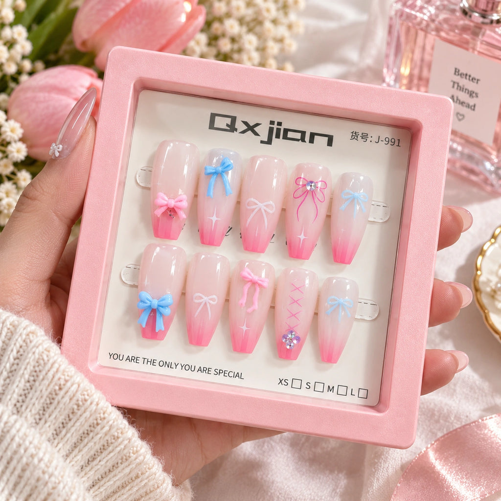 Premium Bow Press-On Nails Set for Women | Pink Glossy False Nails