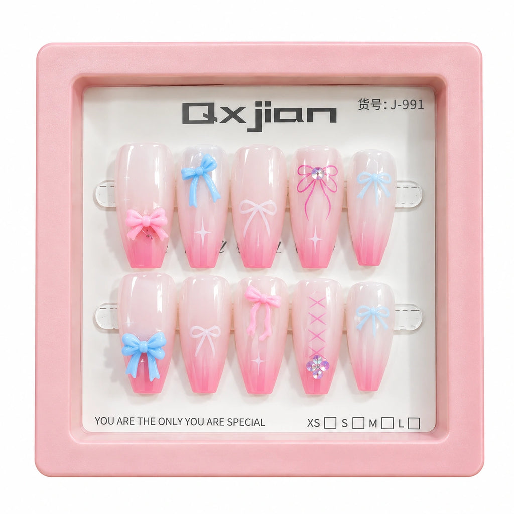 Premium Bow Press-On Nails Set for Women | Pink Glossy False Nails