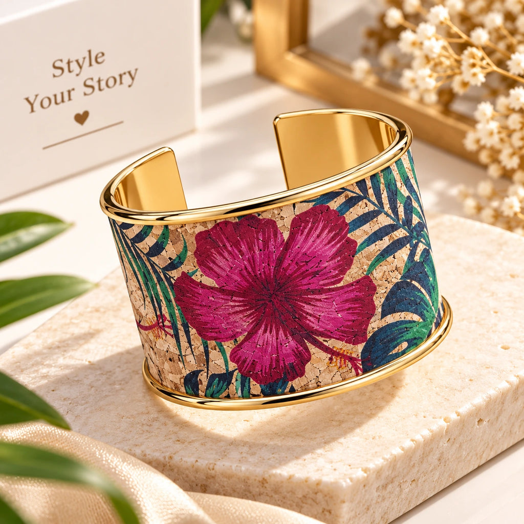 Elegant Gold Floral Printed Wide Cuff Bracelet for Women