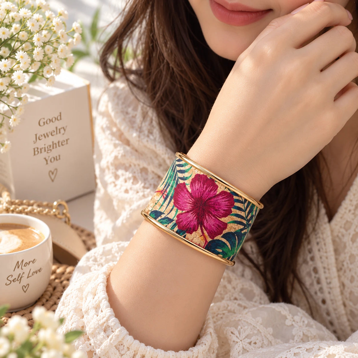Elegant Gold Floral Printed Wide Cuff Bracelet for Women