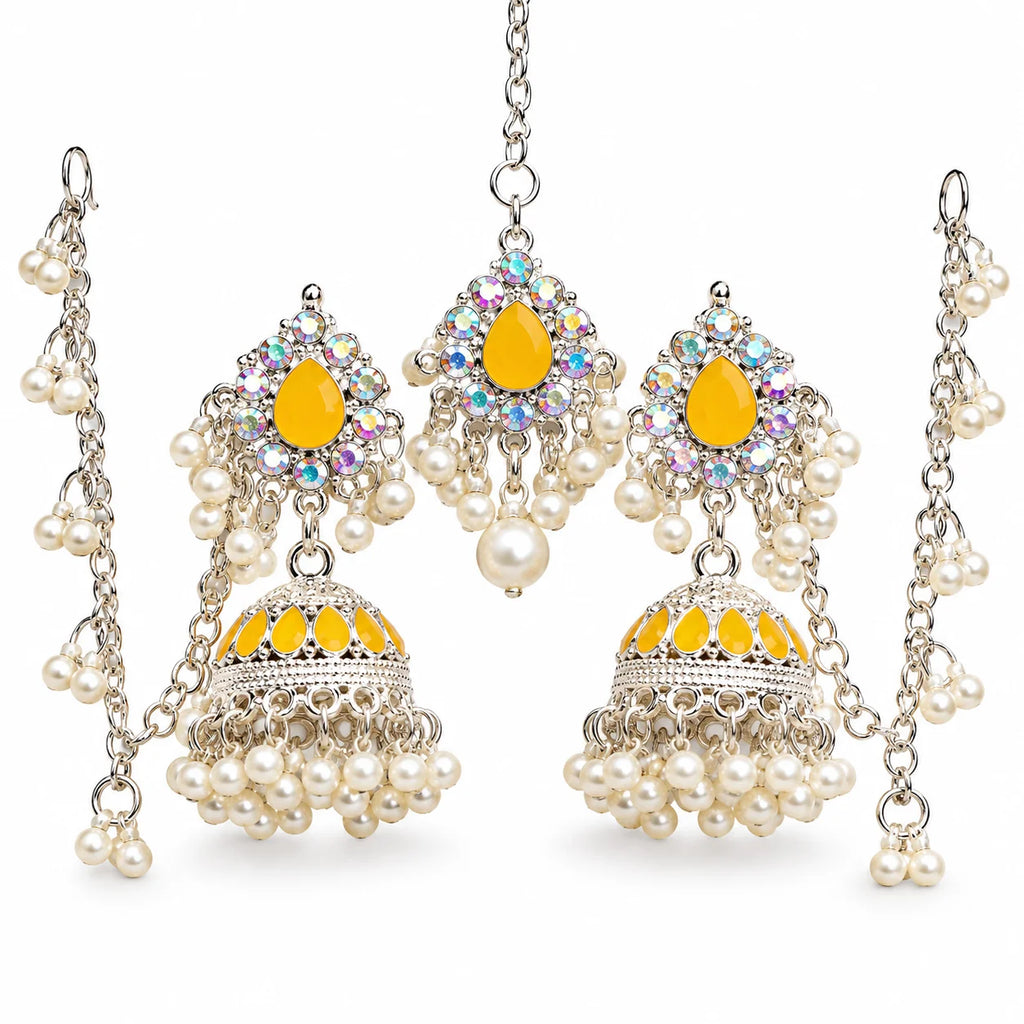 Elegant Yellow Crystal Pearl Jhumka Bridal Jewelry Set
