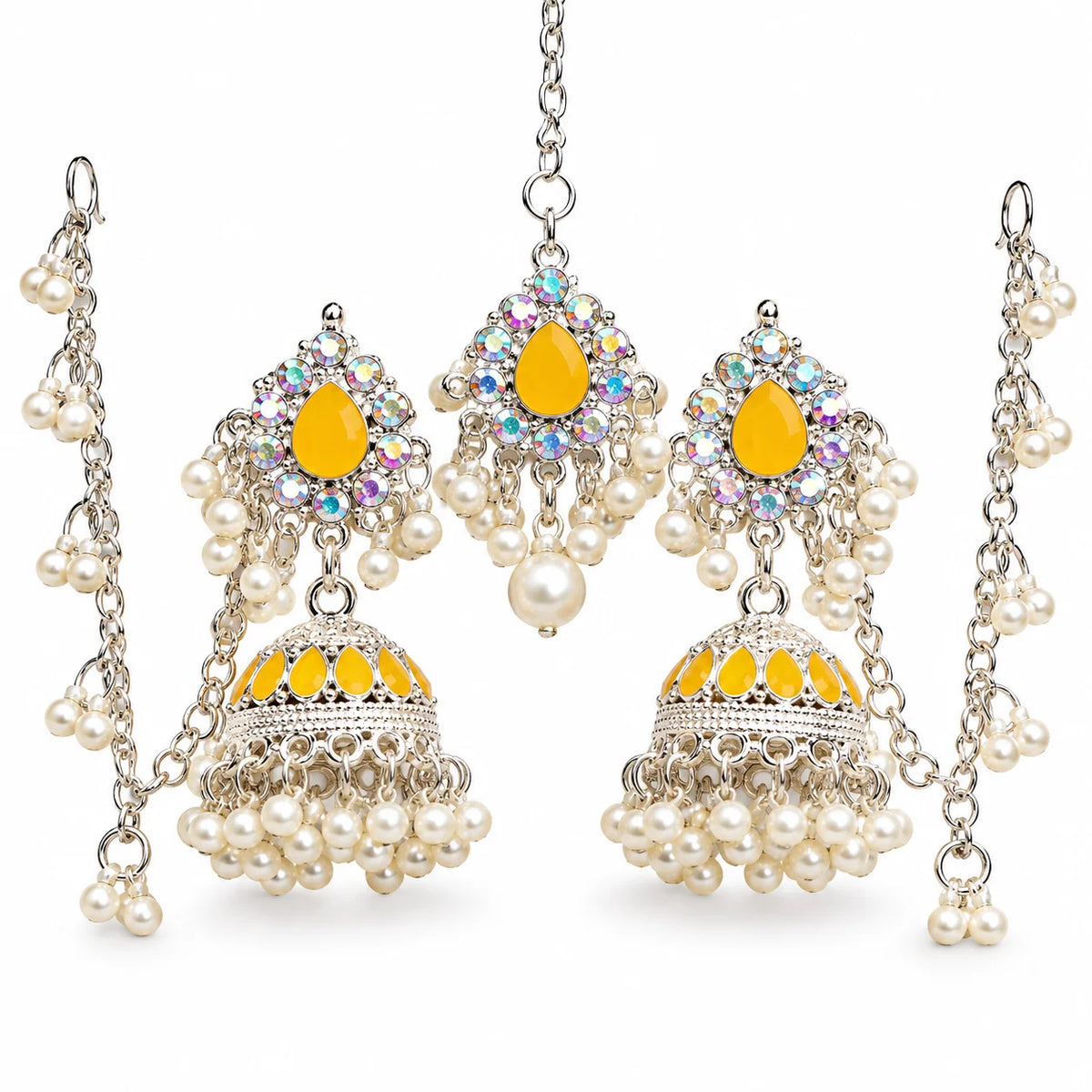 Elegant Yellow Crystal Pearl Jhumka Bridal Jewelry Set