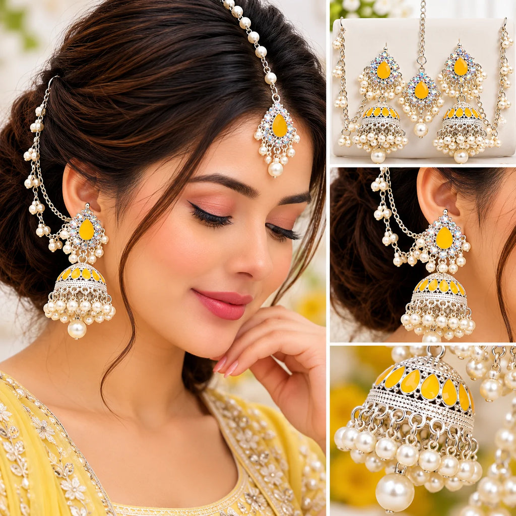 Elegant Yellow Crystal Pearl Jhumka Bridal Jewelry Set