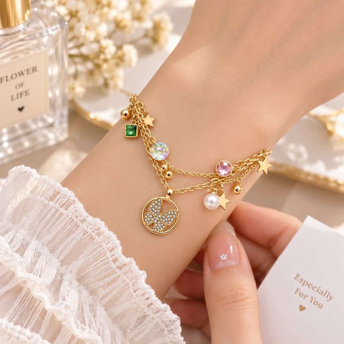 Butterfly Charm Layered Bracelet for Women | Elegant Gold Bracelet