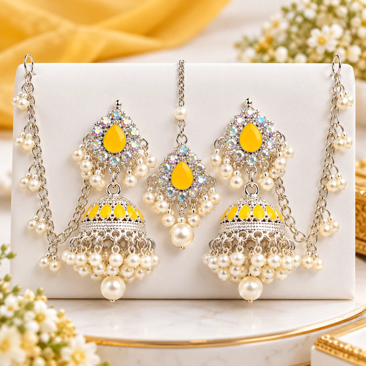Elegant Yellow Crystal Pearl Jhumka Bridal Jewelry Set
