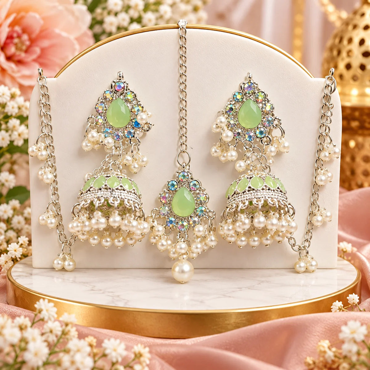 Elegant Green Pearl Jhumka Bridal Jewelry Set