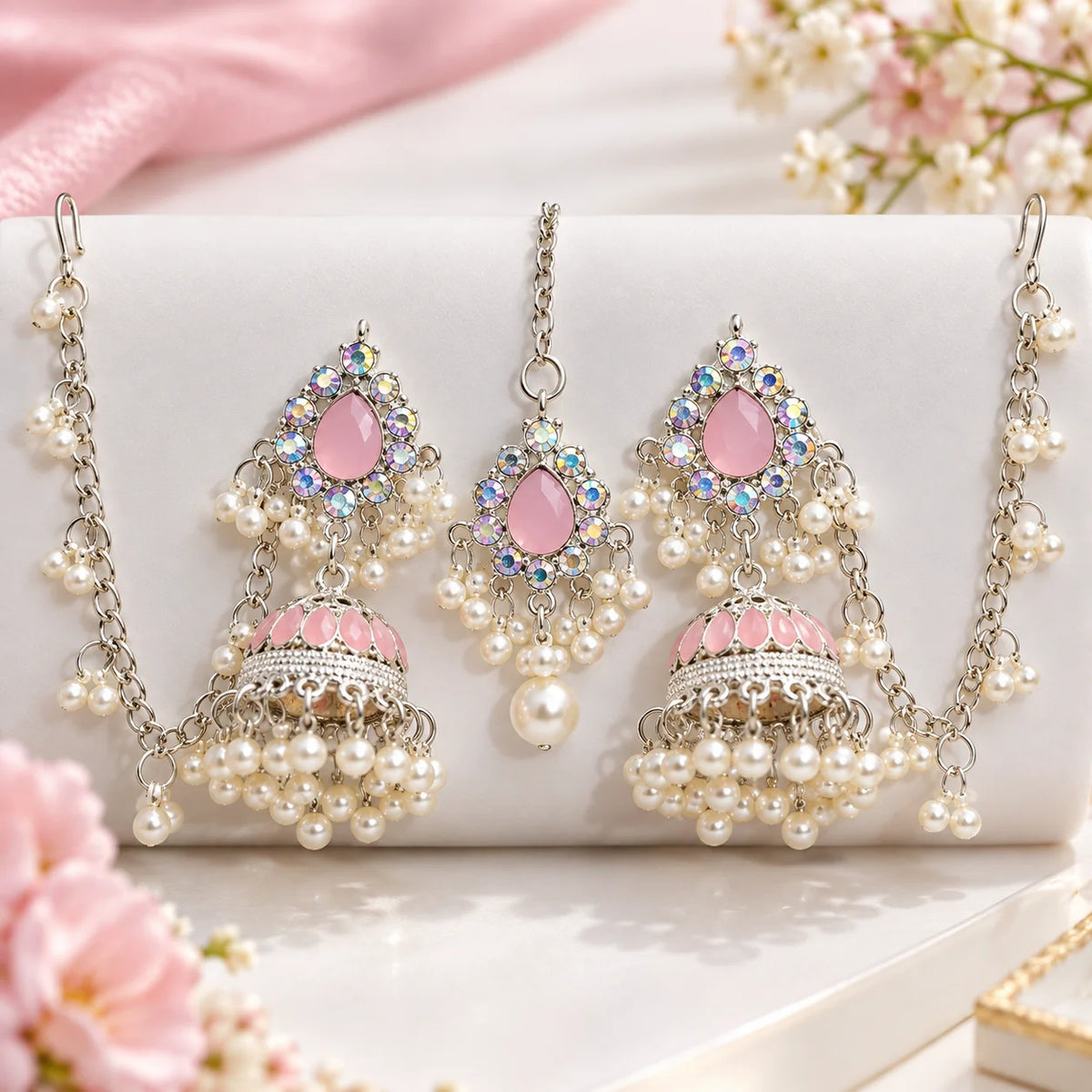 Elegant Pink Pearl Jhumka Bridal Jewelry Set
